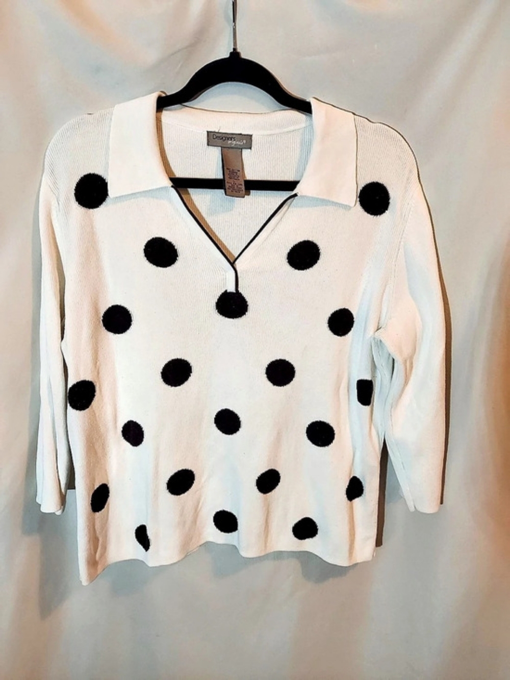 Vintage Designers Originals Polka Dot Knit Polo Sweater White & Black L